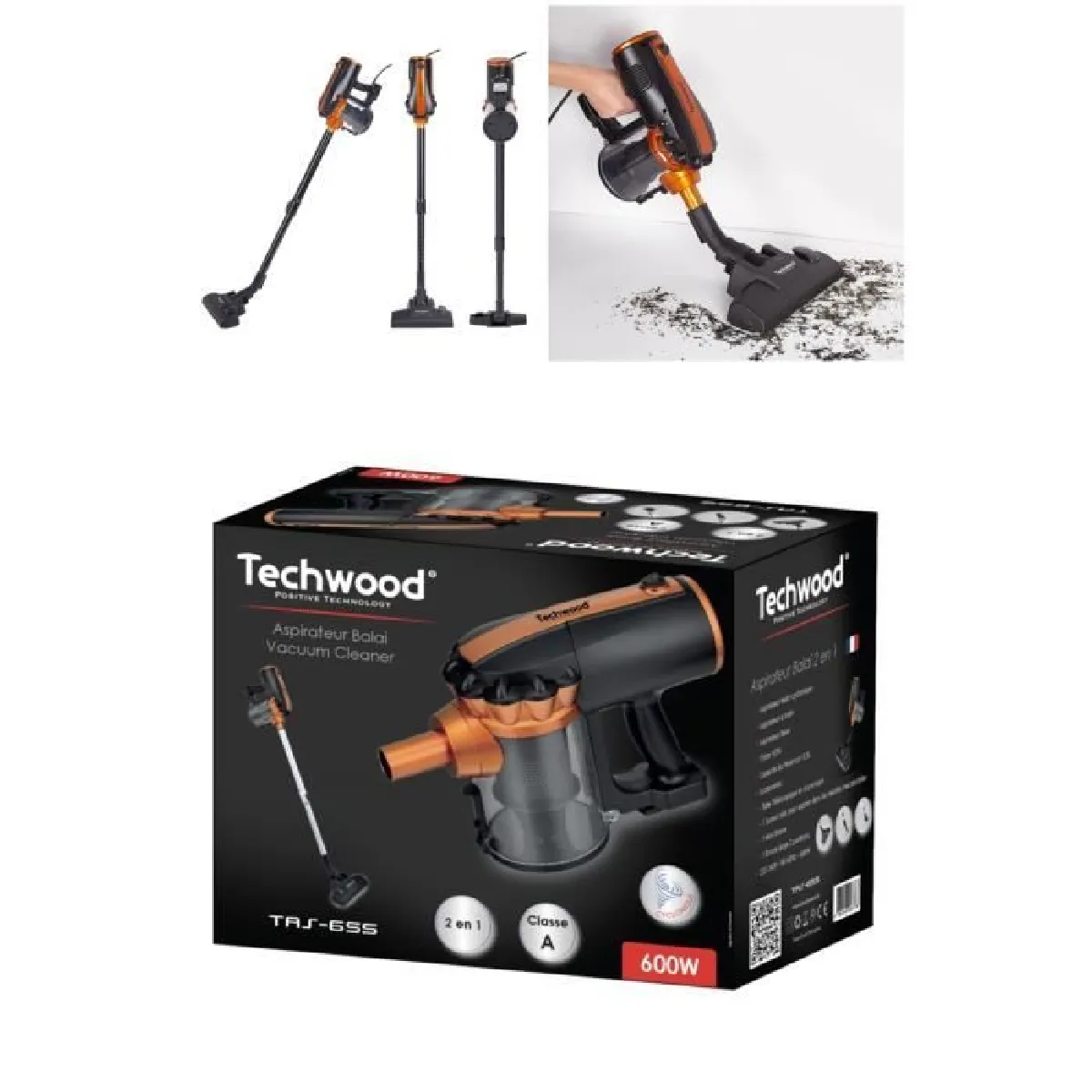 Aspirateur Balai 2en1 500mL 600W Techwood Orange Balai à main filaire cyclonique sans sac