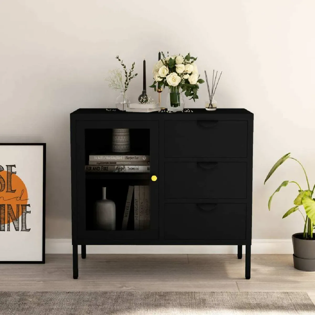 Buffet,Meuble de Rangement,commode pour salon,Cuisine Noir 75x35x70 cm Acier et verre trempé -MN10927