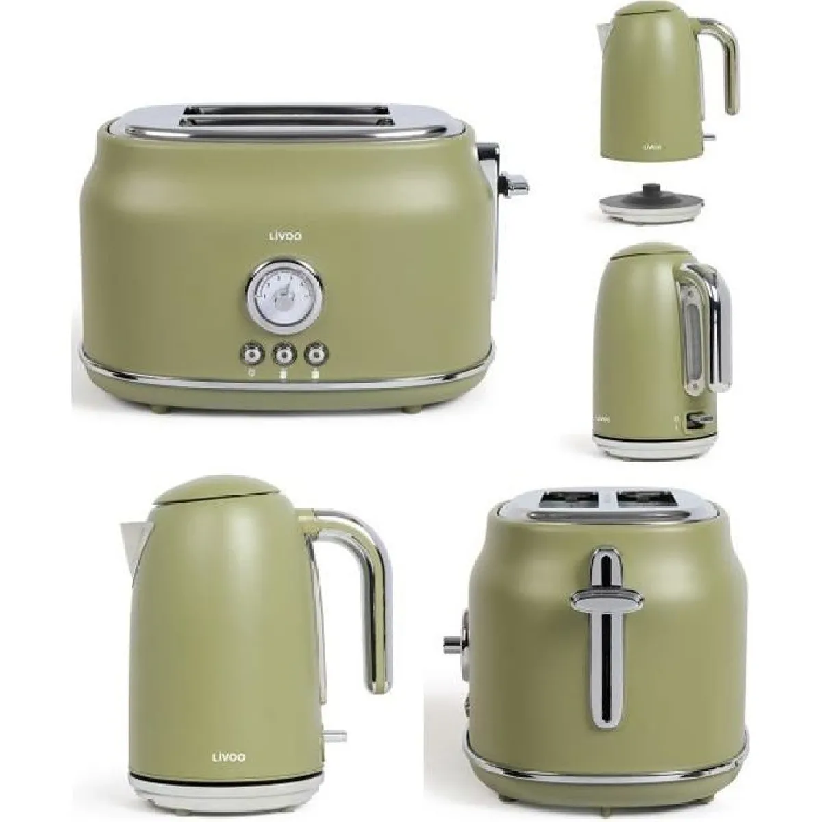 BOUILLOIRE 1L7 RETRO 2200W + GRILL PAIN DESIGN RETRO VINTAGE 815W Vert Opale 2 Emplacements Thermostat réglable 6 Fonctions