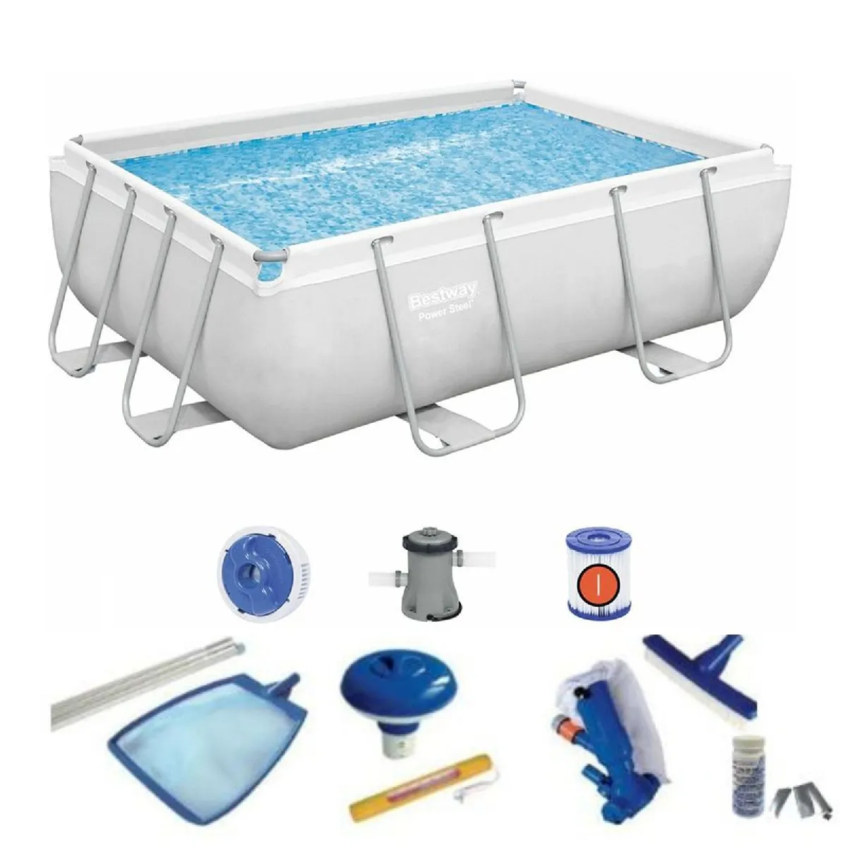 Pack Piscine Rectangulaire Bestway Frame 287x201x100 cm Épurateur, Echelle, Kit de Nettoyage et Doseur de Chlore