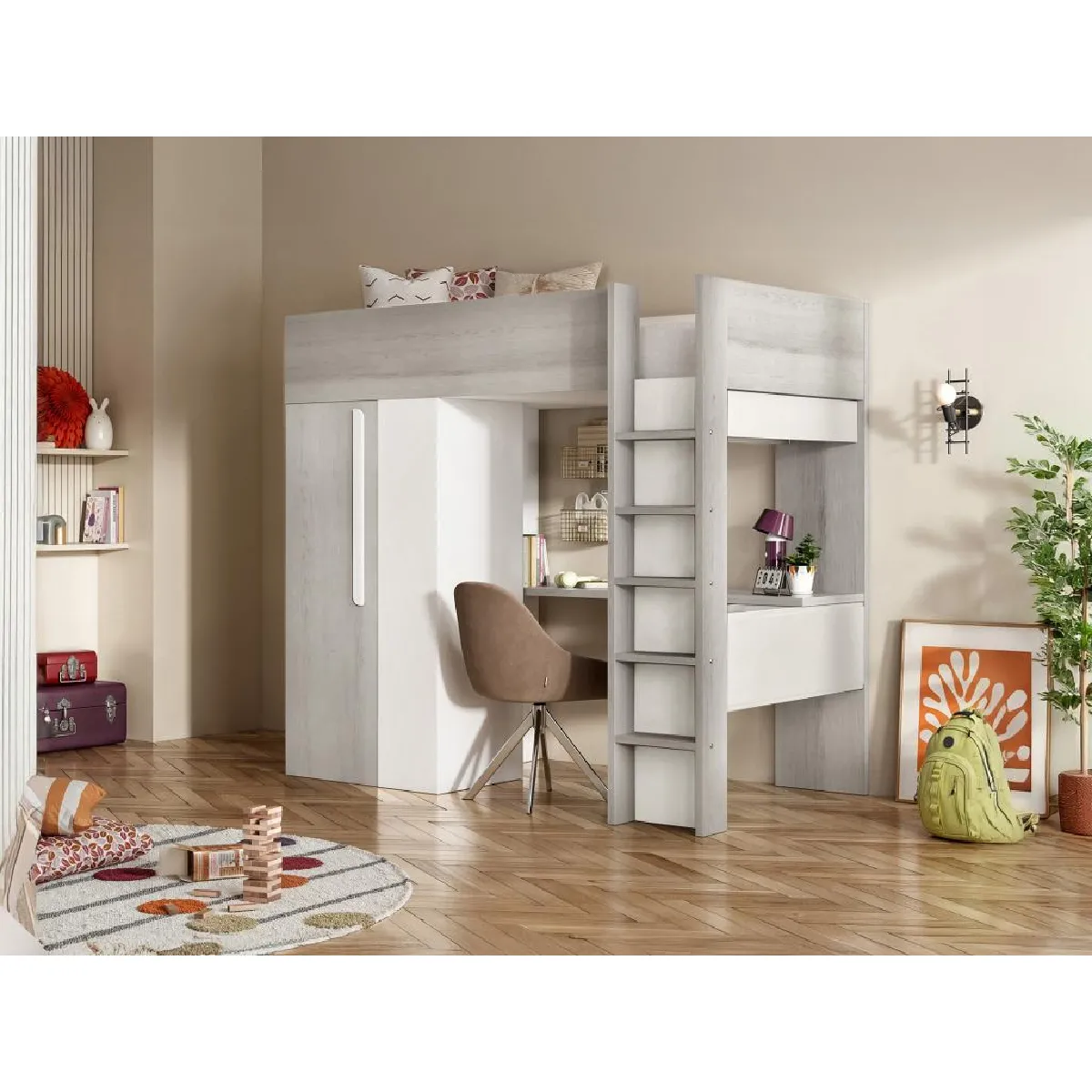 Lit mezzanine 90 x 200 cm avec armoire et bureau - Naturel grisé et blanc - NICOLAS