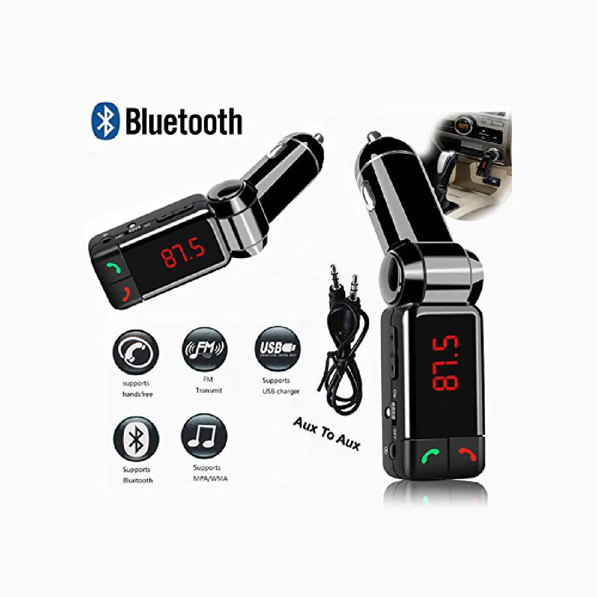 SHOP-STORY -Bluetooth Car Charger 4 in 1 : Kit Mains-Libres Bluetooth pour Voiture 4 en 1 avec Transmetteur de Musique