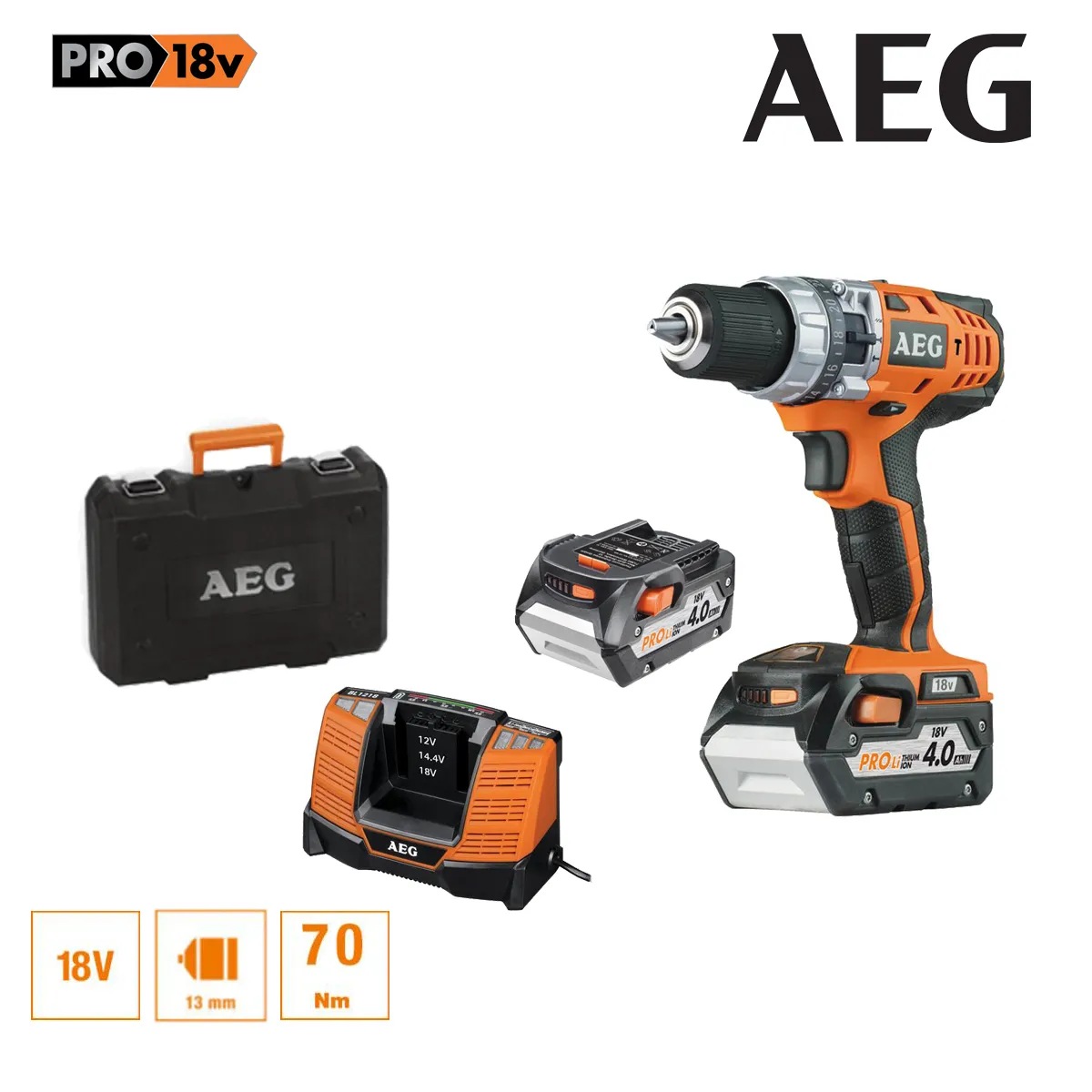 Perceuse à percussion compacte AEG 18V Li-ion - 2 batteries 4.0Ah - 1 chargeur 80min - BSB 18C Li-402C