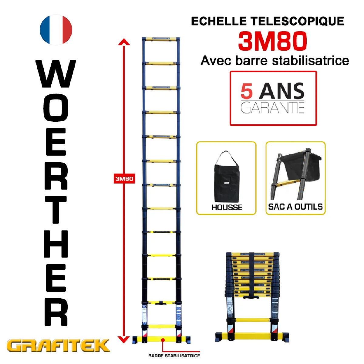 Echelle télescopique Woerther 3m80 - Avec housse et sac à outils - Gamme Grafitek - Qualité supérieur - Garantie 5 ans