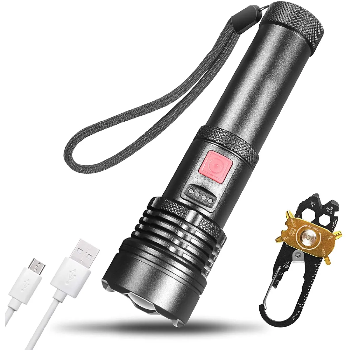 Lampe de poche tactique et porte-clés, IP56 résistant à la poussière d'eau, 1500lm, 5 modes, super lumineux, zoomable, corps en métal résistant, conçu pour le camping, les urgences, le transport quotidien, la patrouille, les piles incluses