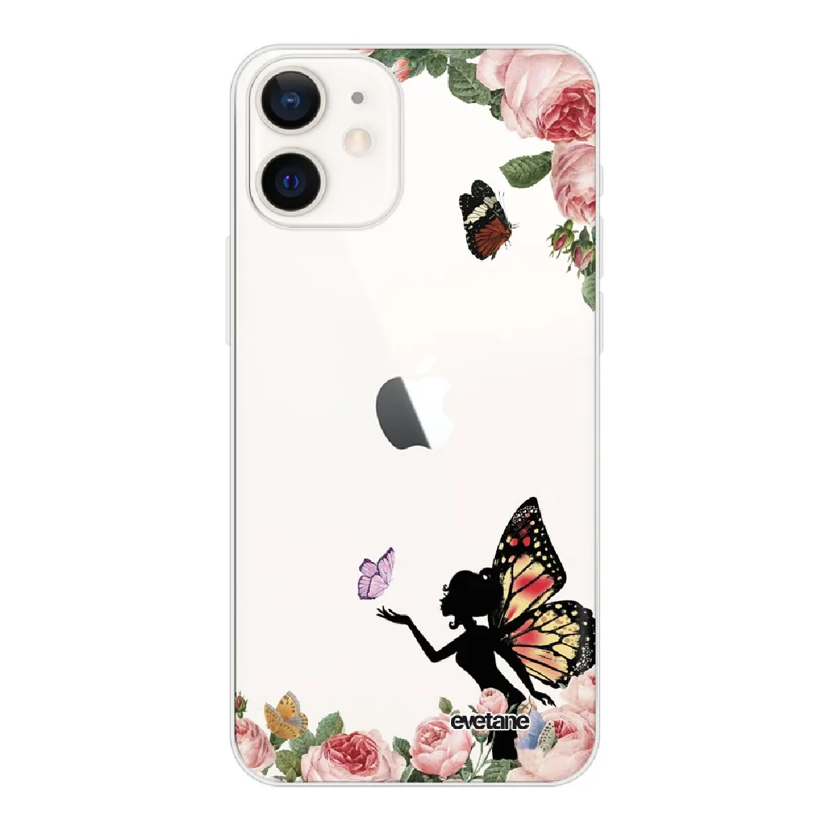 Coque iPhone 12 mini souple transparente Fée papillon fleurale Motif Ecriture Tendance Evetane