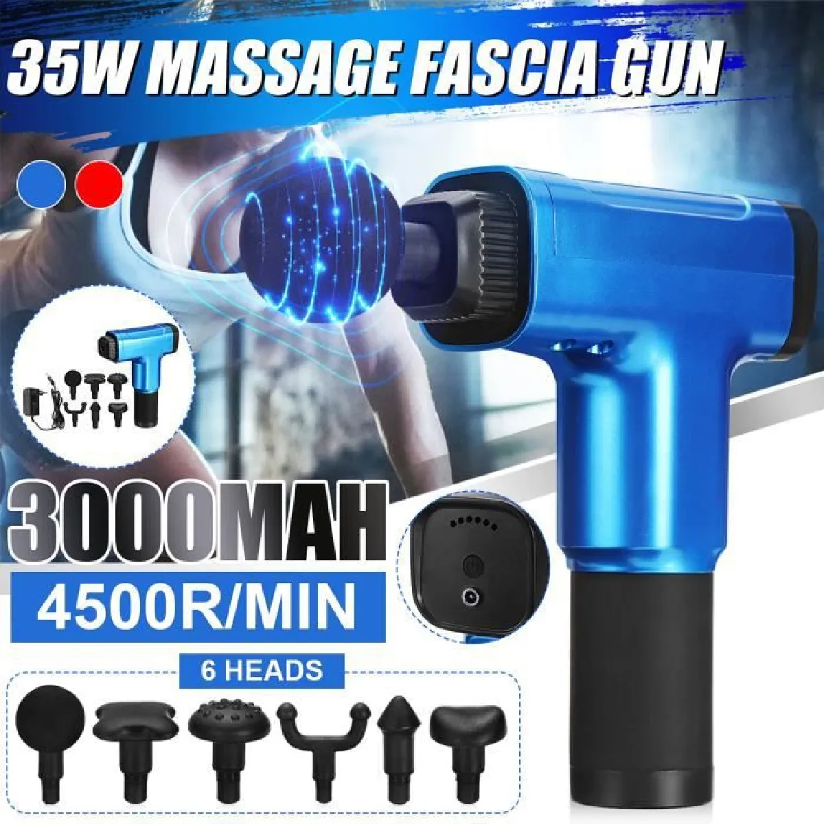 Pistolet De Massage À Percussion Thérapie Engrenages Muscle Relax Masseur Tissu Profond 6 Tête BLEU