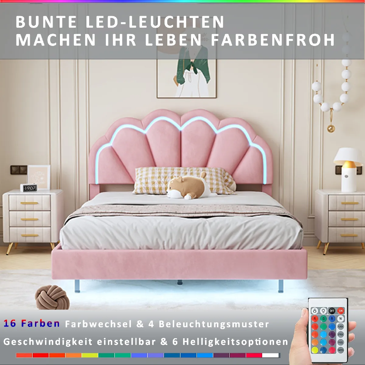 Lit rembourré 140 x 200 cm, avec banquette escamotable, éclairage LED, lit plat double, rose, tissu velours