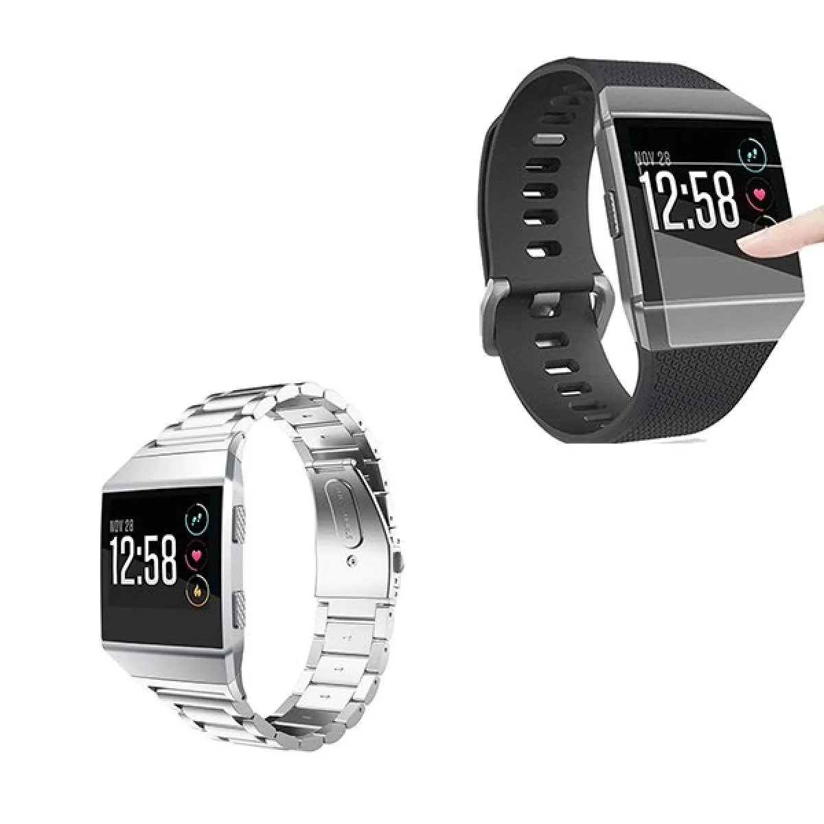 Kit Bracelet Acier Stainless Lux + Outil + Film de Gel Écran Coque Totale - Fitbit Ionic - Gris