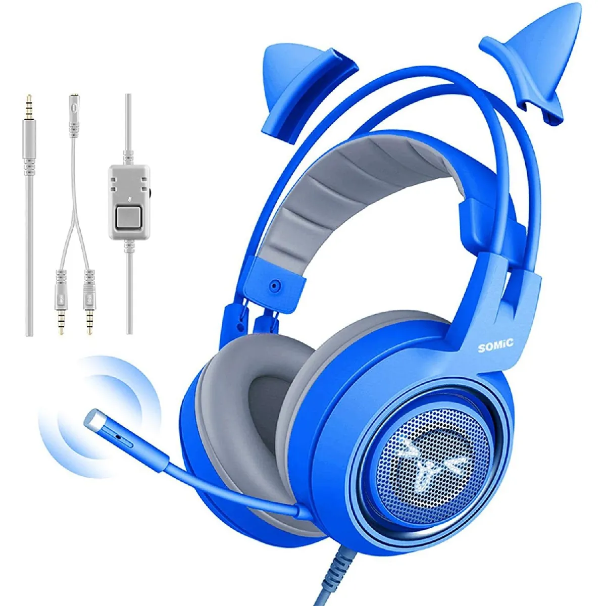 Casque de jeu stéréo bleu avec micro et réduction du bruit - Casque stéréo détachable avec oreilles de chat(bleu)