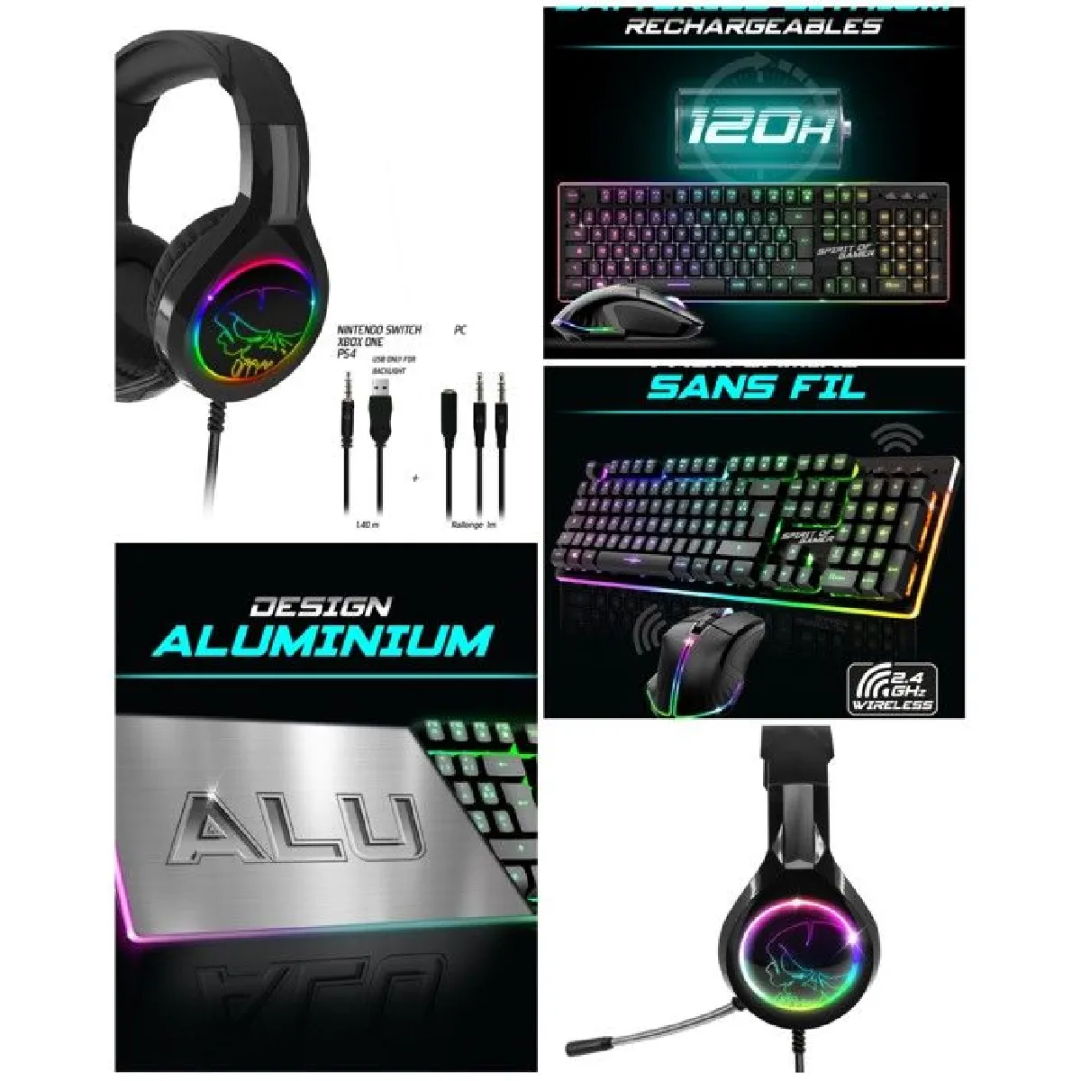 CLAVIER semi mécanique Noir sans fil WIRELESS RGB PRO + SOURIS sans fil RF 2.4 GHz RGB Rainbow 4800dpi + Casque Gamer Multiplateform