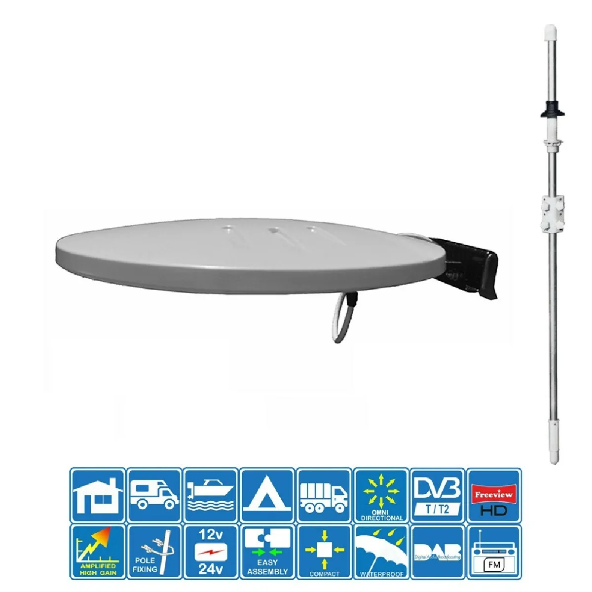 Kit Antenne Omnidirectionnelle UHF FM DAB TV Helio-Mobil 44dB 4k + Mât Transversal 160cm - pour Camping Car Camion Voiture Bateau