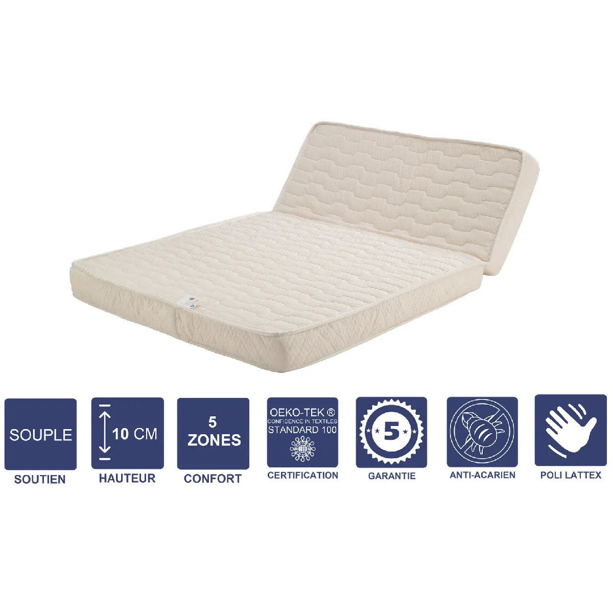 Matelas Souple Pour tous BZ + Alèse 140x190 x 10 cm avec Latex Naturel sur Face Hiver - Découpe Assise 60 cm - 5 zones de Confort - Face été et Noyau Poli Lattex HR Dernière Génération - Très Respirant