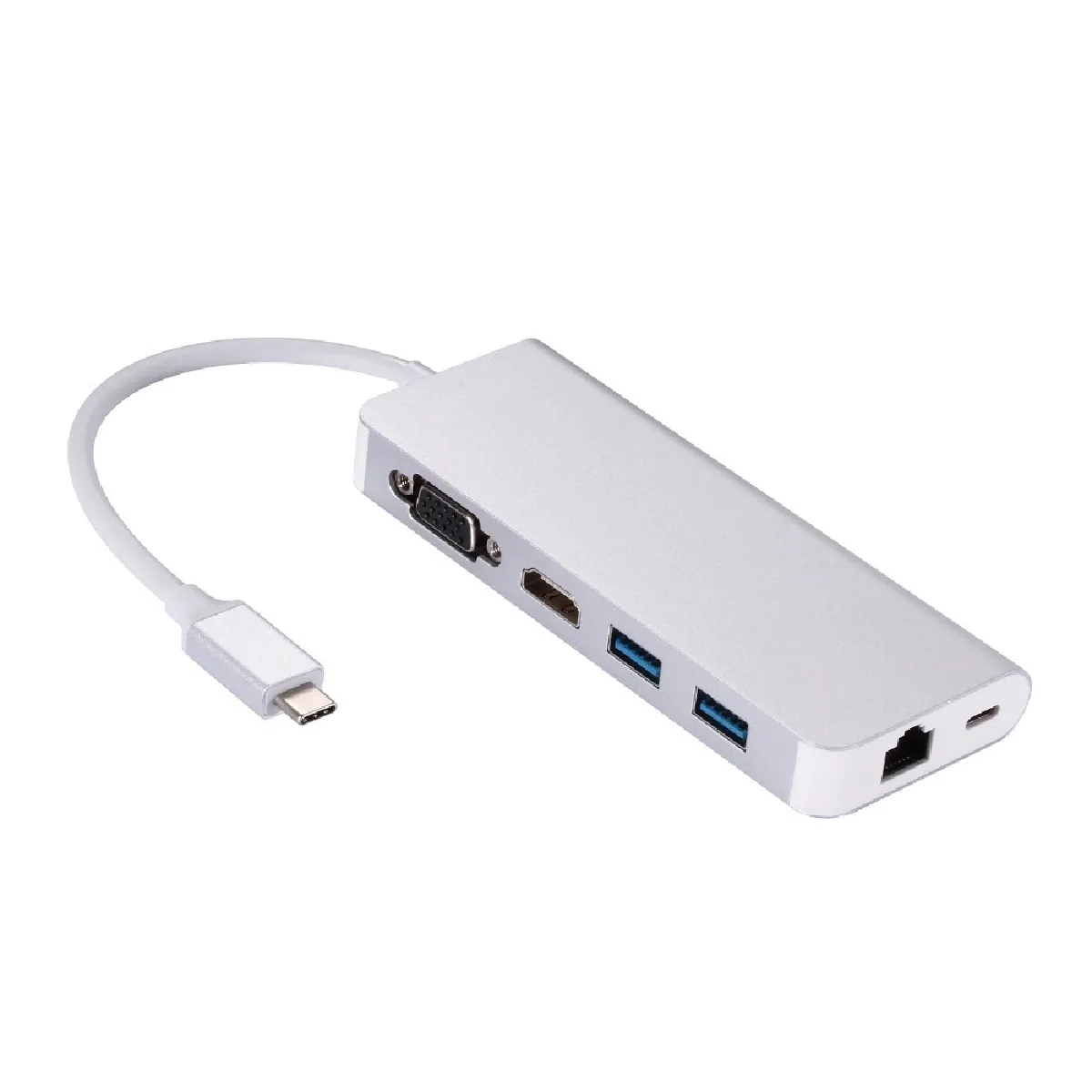 HUB Hubs USB 3.0 6 en 1 Type C Hub Type-C vers HDMI VGA RJ45 Dual USB3.0 PD Port de charge Adaptateur Convertisseur de câble pour ordinateur portable Macbook Argent