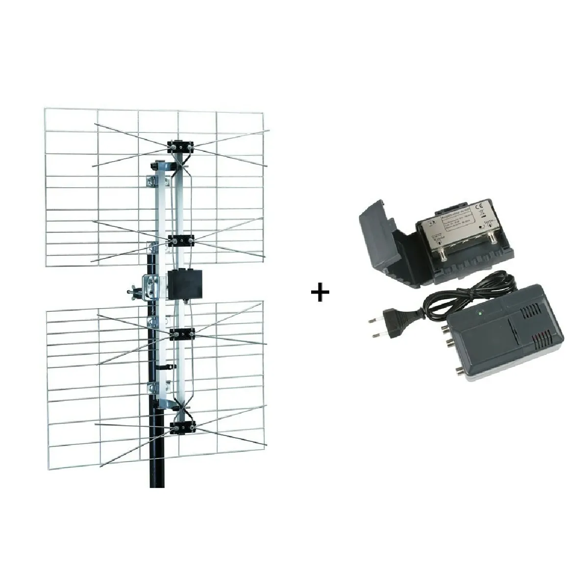 Kit Antenne Panneau UHF Extérieure TNT HD + Préampli Etanche UHF Réglable 1 entrée 1 sortie + Alimentation 220V - Gain 15dB+38dB