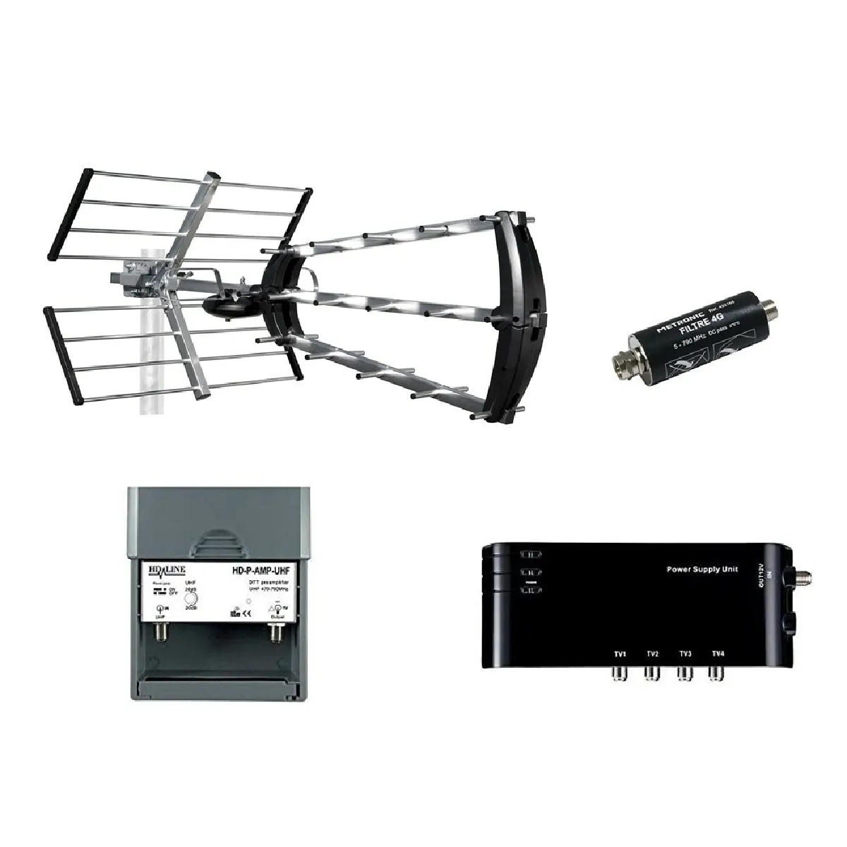 Kit Antenne d'Extérieure Trinappe 26dB UHF Metronic - Fiche F + Filtre 4G intégré + Préamplificateur 4/1 TV Amplificateur + Alimentation 4 Sorties TV