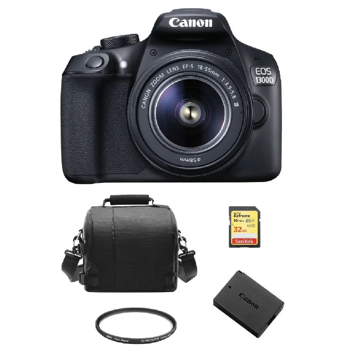 CANON EOS 1300D KIT EF-S 18-55mm F3.5-5.6 III + 32GB SD card + camera Bag + LP-E10 Battery + HOYA 58mm PRO 1D Protector