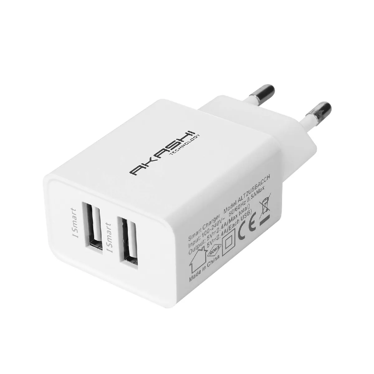 Chargeur Secteur 2 port USB 2.4A Câble Compatible iPod iPad Iphone Akashi Blanc