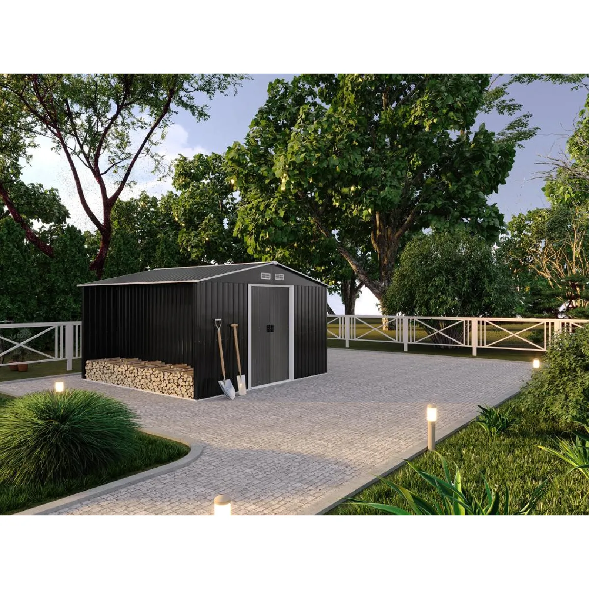 Abri de jardin métal avec abri bûche en acier galvanisé gris 10,29 m² - LERY