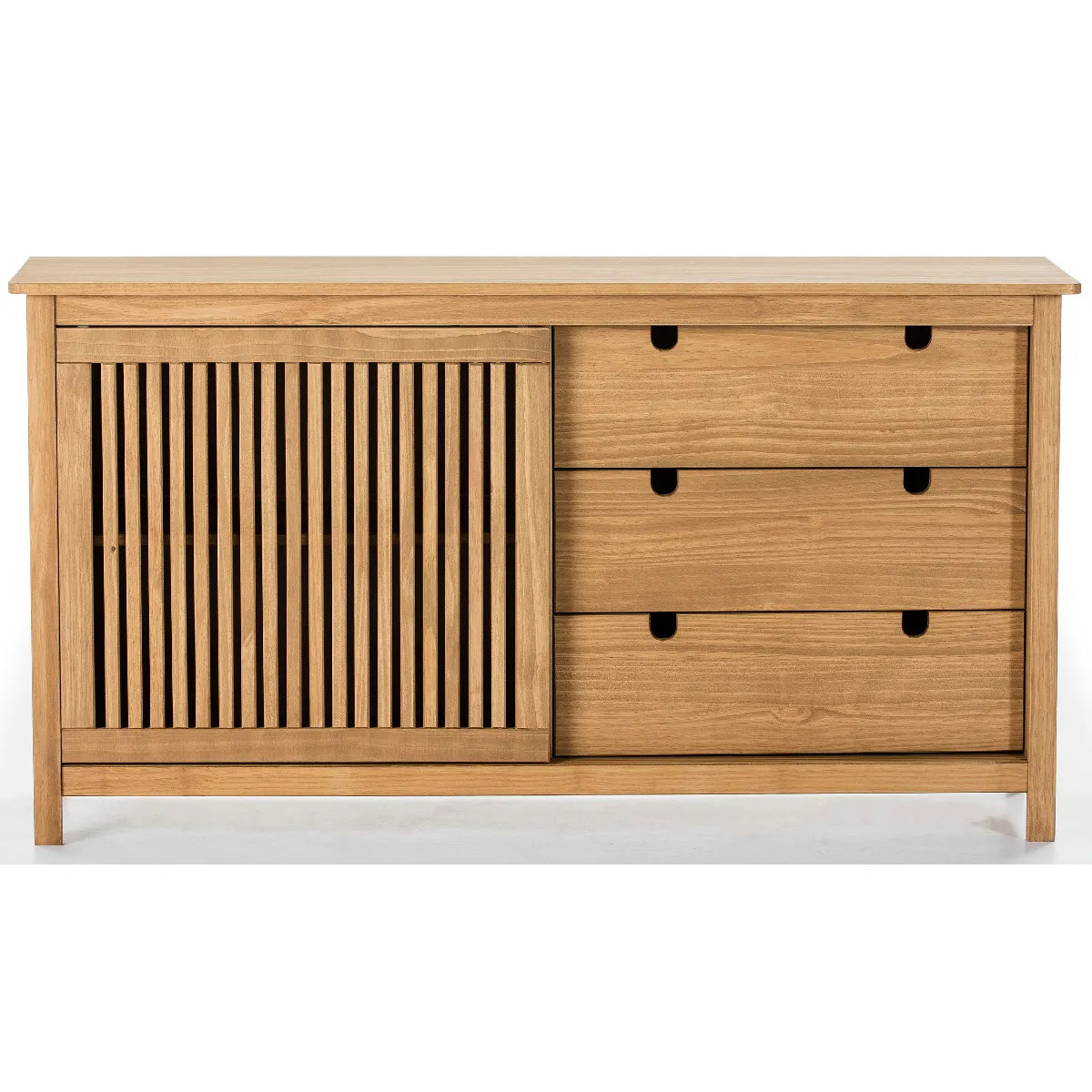 Buffet bas en pin massif décor ciré chêne, meuble de rangement - Longueur 150 x Profondeur 40 x Hauteur 80 cm