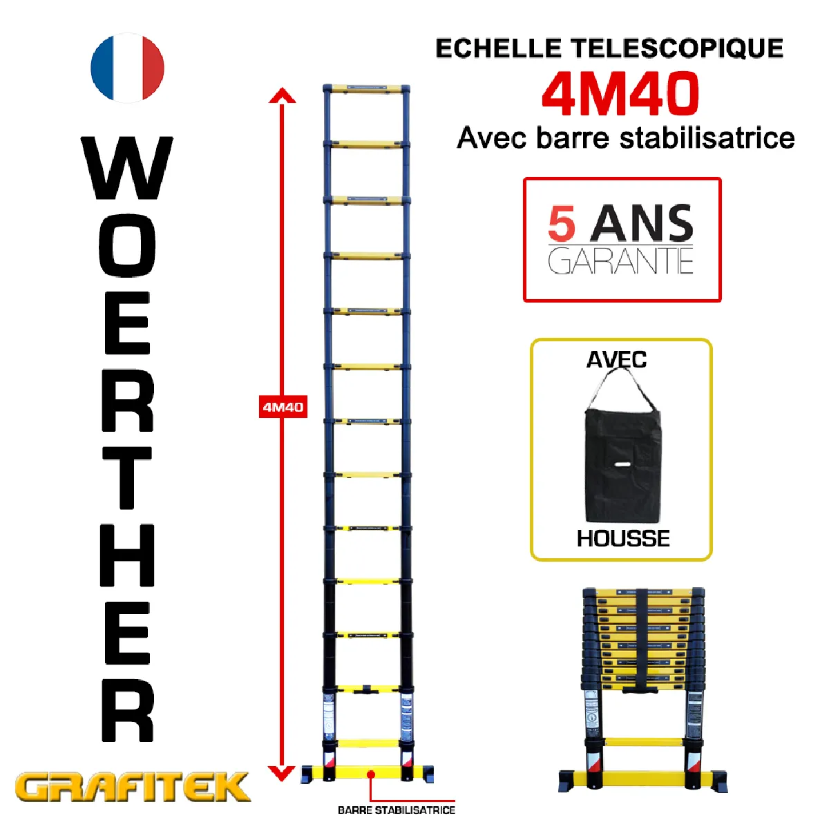 Echelle télescopique Woerther 4m40 - Avec housse - Gamme Grafitek - Qualité supérieur - Garantie 5 ans