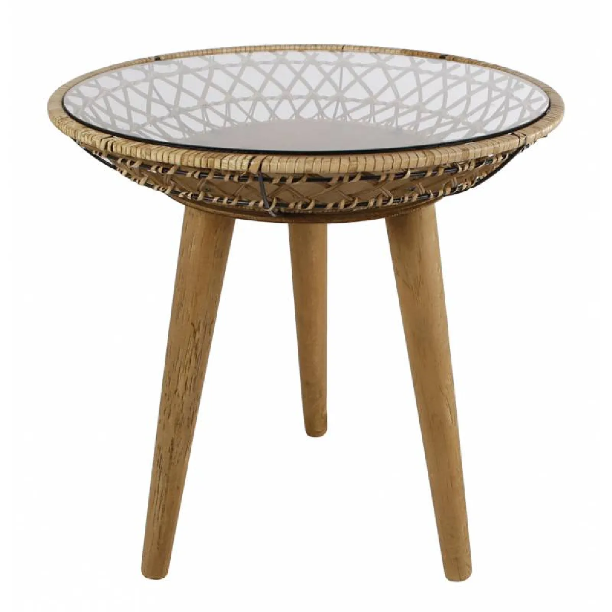 Guéridon Bout de Canapé Vitré Table d'Appoint Ronde en Bois et Verre 49x49x49cm