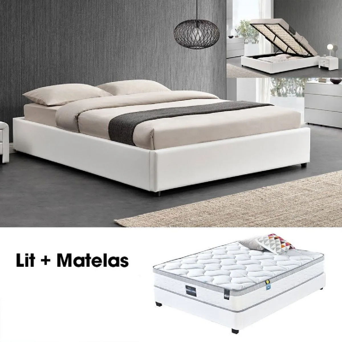 Ensemble Matelas + Sommier Coffre 160 Blanc