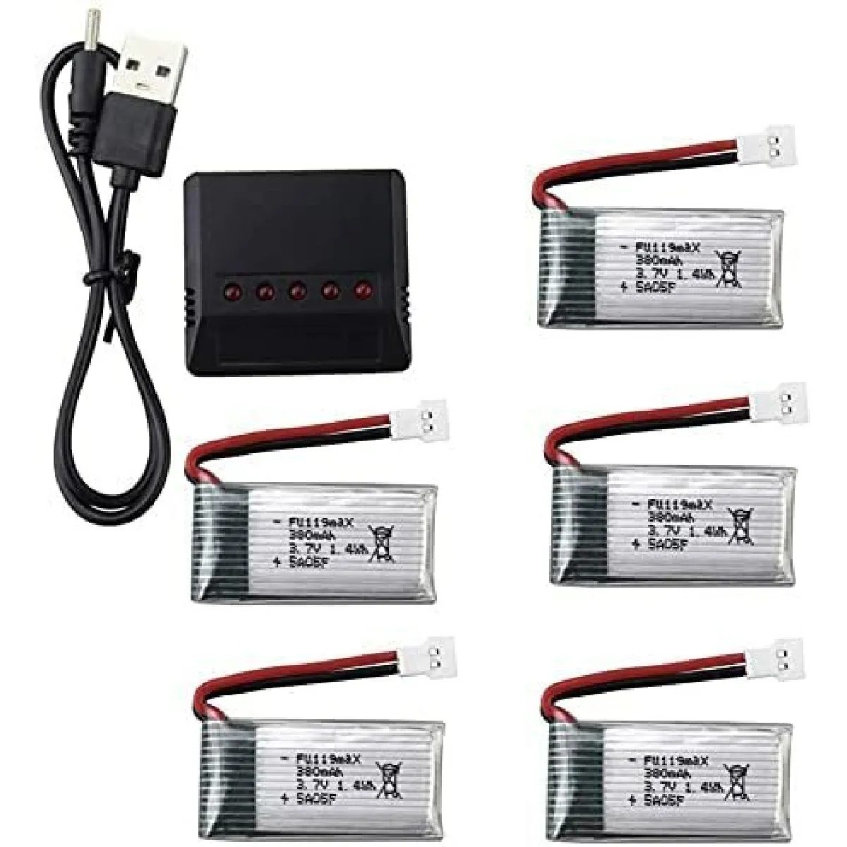 Adaptateur Chargeur 5 en 1 + 5 x Batteries Lithium 3.7V 380mAh 25C pour Tera Mini QuadcopterHubsan X4 H107C H107D