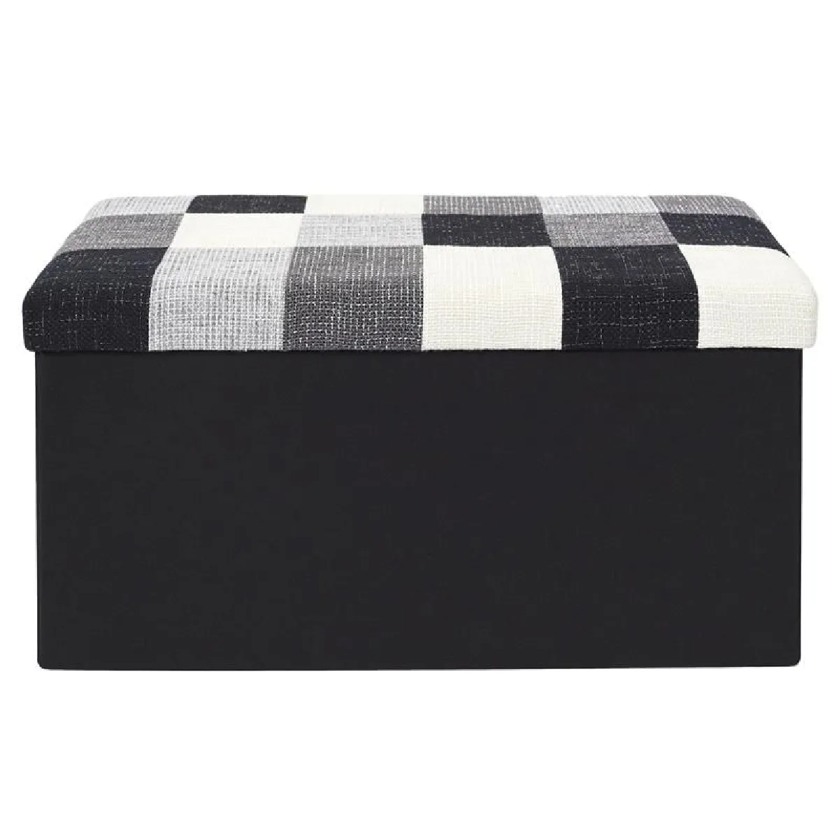 Banc coffre noir pliable couvercle à motifs patchwork noir et blanc.