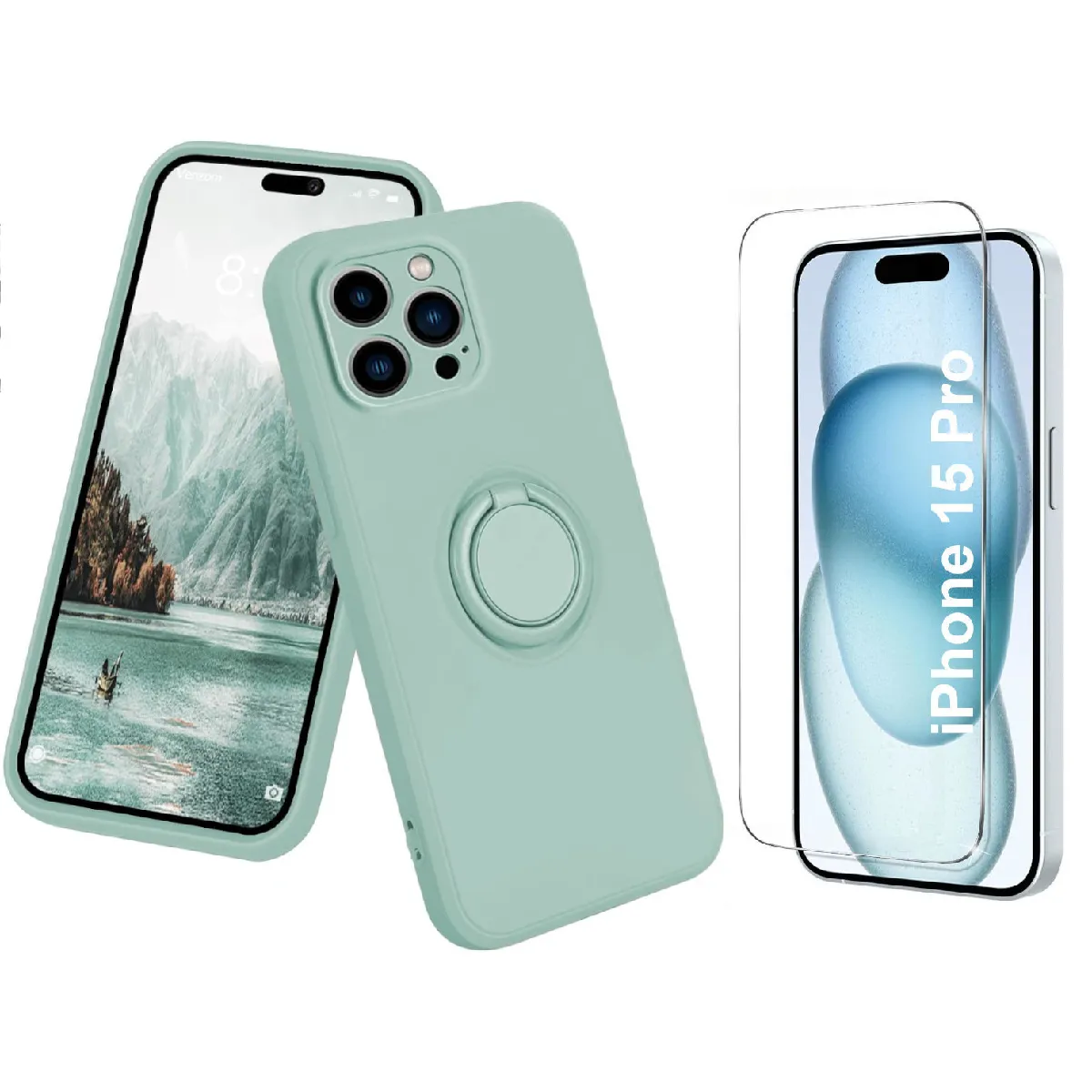 Coque Silicone Pour iPhone 15 Pro Couleur Vert Avec Anneau Support + Verre Trempe Protection Ecran Little Boutik®