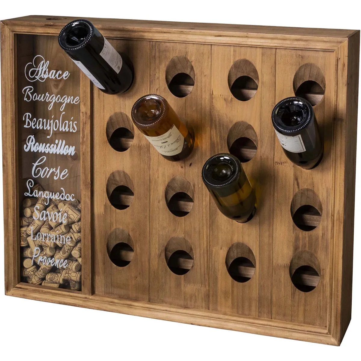 Range bouteilles mural en bois 16 bouteilles avec réserve bouchons.