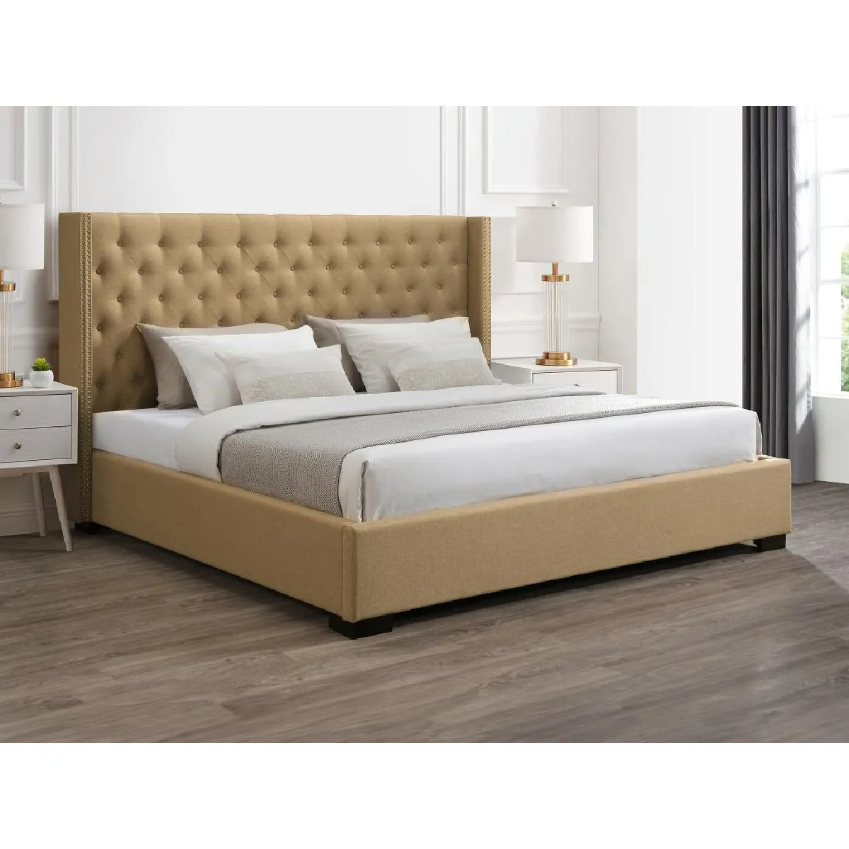 Lit coffre 200 x 200 cm avec tête de lit capitonnée - Tissu - Beige + Matelas - MASSIMO