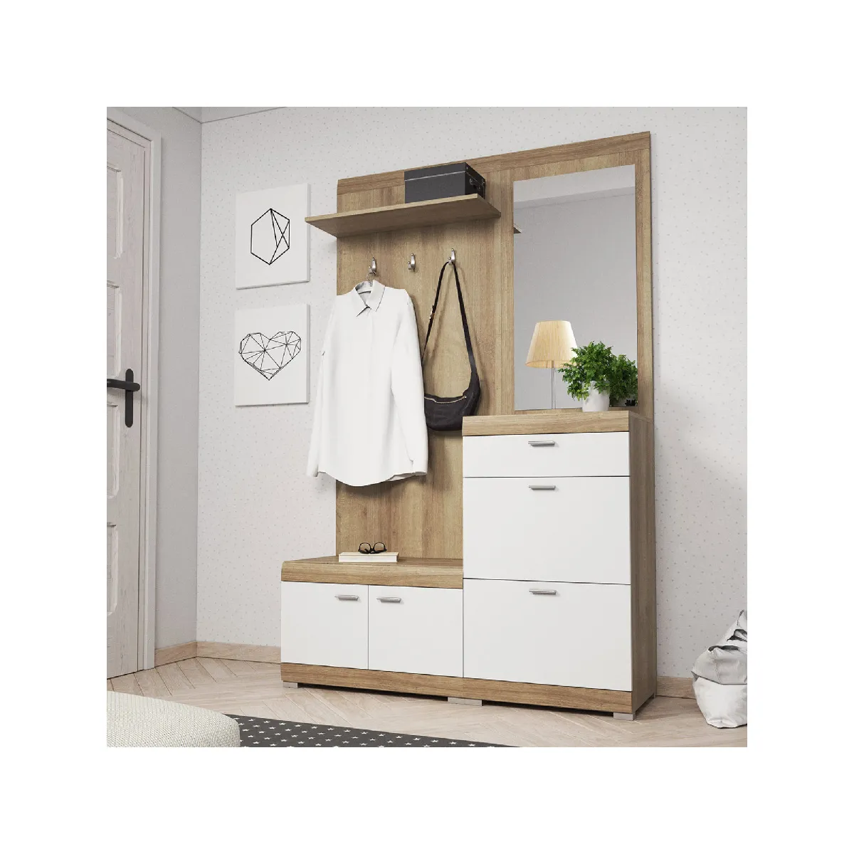 Thea - meuble d'entrée - bois et blanc - 135 cm - style scandinave