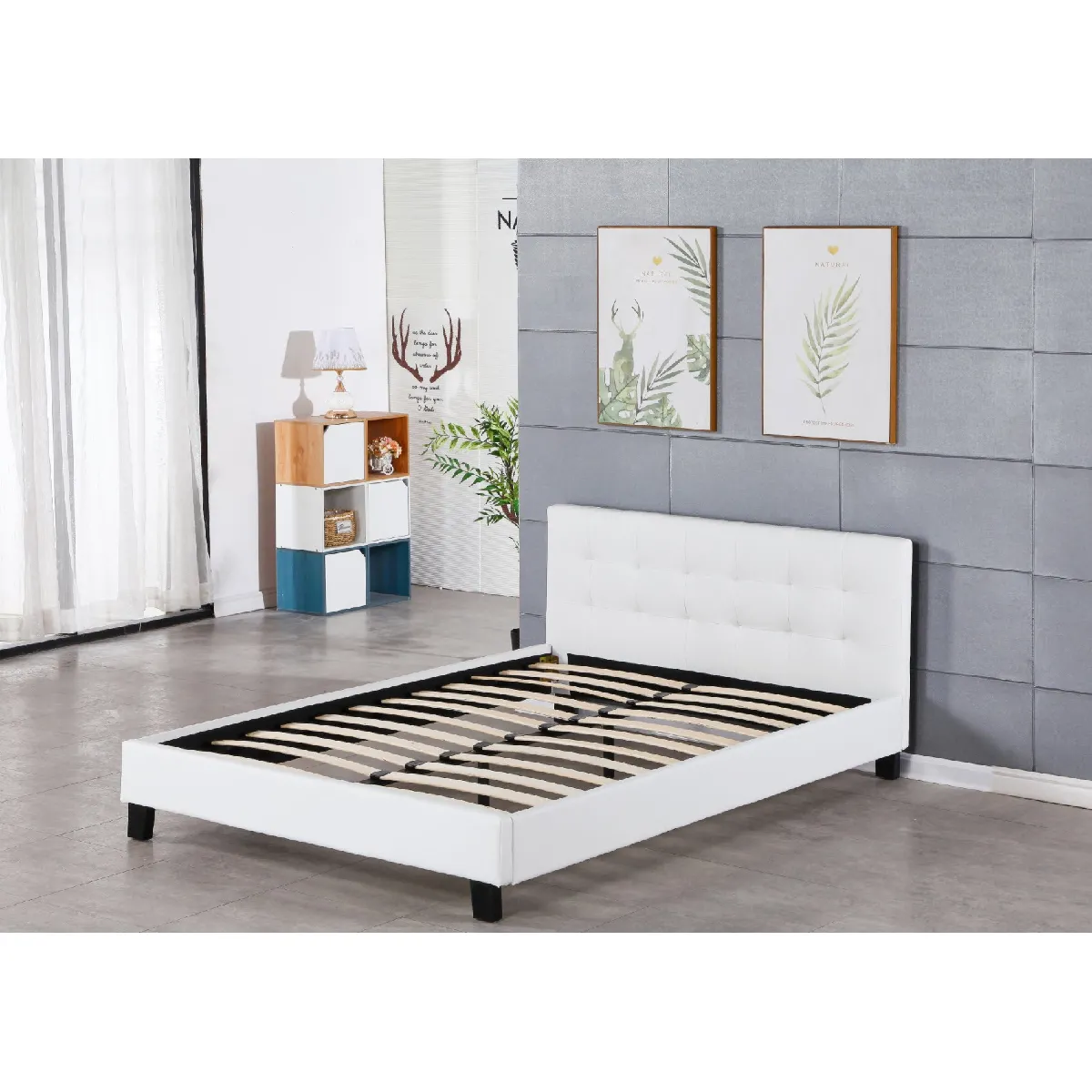 frederic - Solide et Confortable Lit avec Sommier + Tête de Lit Capitonnee Couleur BLANC + Pieds en 10 cm pour matelas en 160x200 - 2 x 13 Lattes - revetement PVC Simili facile d'entretien - Montage Rapide et Facile