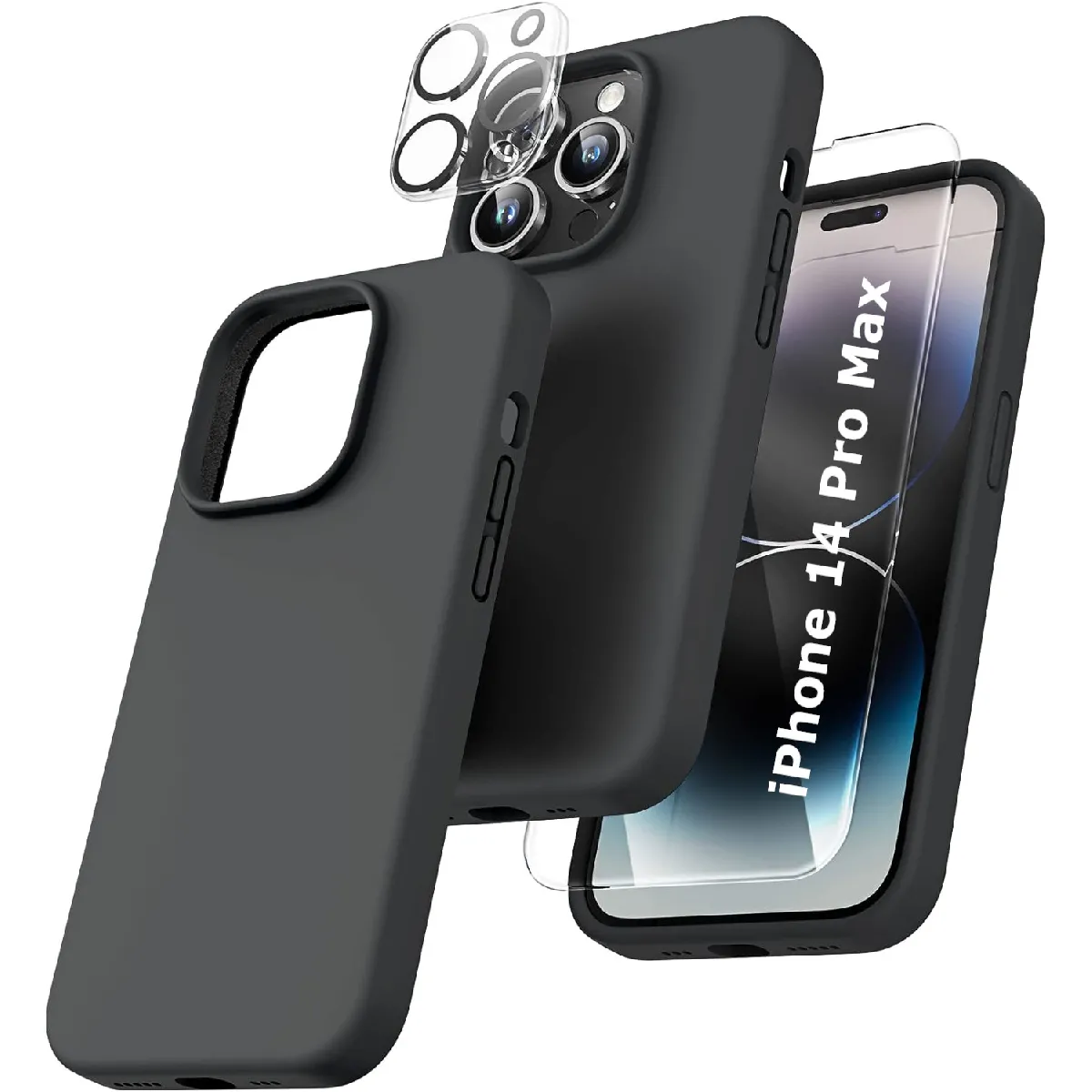 Coque Silicone Noir + Verre Trempe et Protection Camera Arriere Pour iPhone 14 Pro Max Little Boutik®