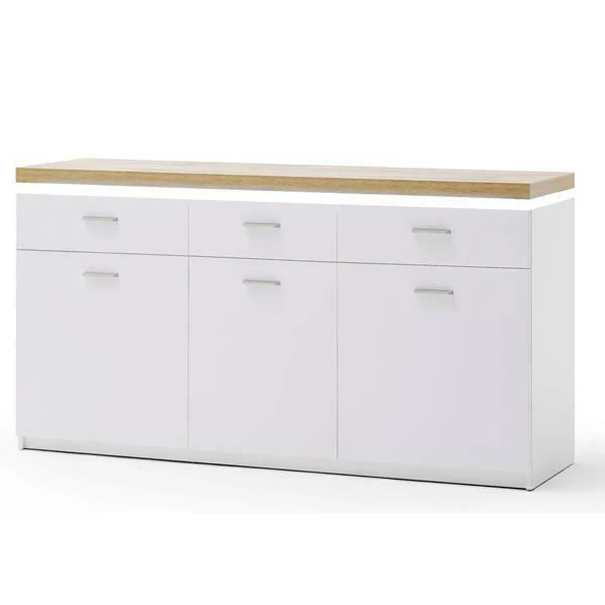 Buffet, meuble de rangement coloris blanc avec plateau finition chêne wotan - Longueur 156 x Hauteur 83 x Profondeur 44 cm