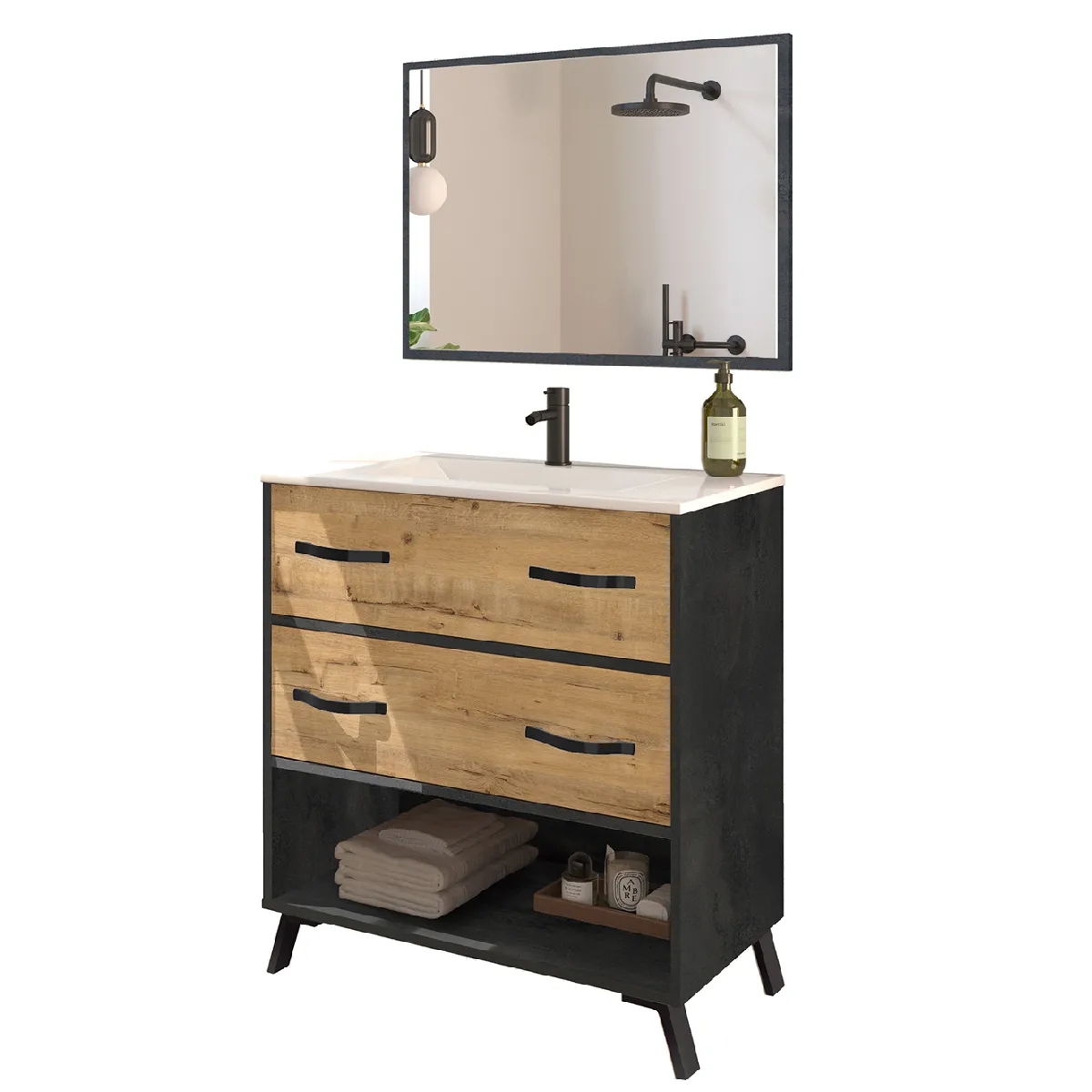 Meuble Vasque avec miroir coloris Marbre / chêne doré - Hauteur 90 x Longueur 81 x Profondeur 47 cm