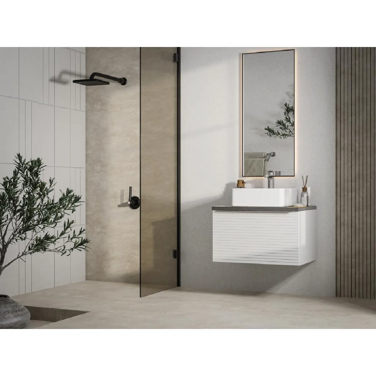 Meuble de salle de bain suspendu strié blanc avec simple vasque à poser - 60 cm - LATOMA