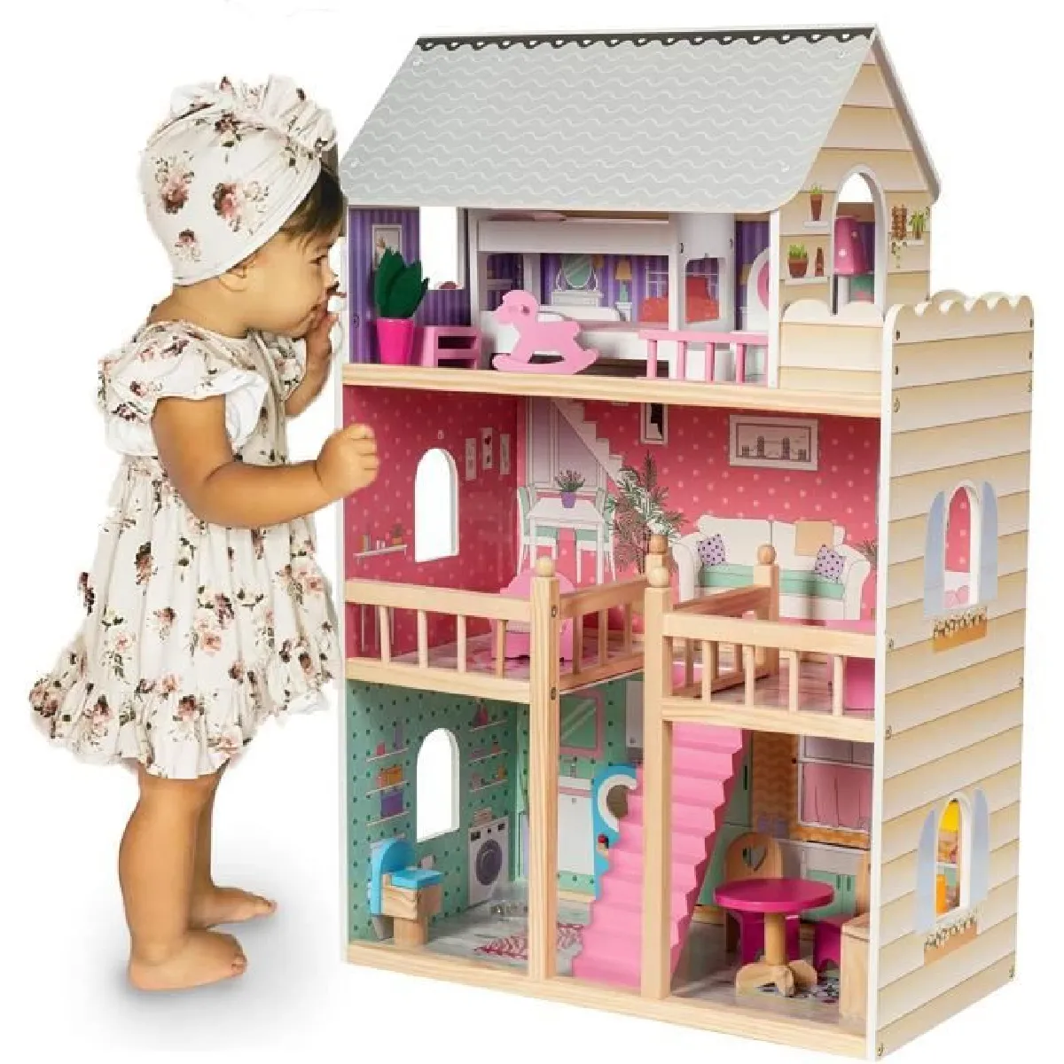 Mamabrum Grande Maison de Poupées en Bois pour Enfants Éclairage LED 123 x 34 x 114 cm