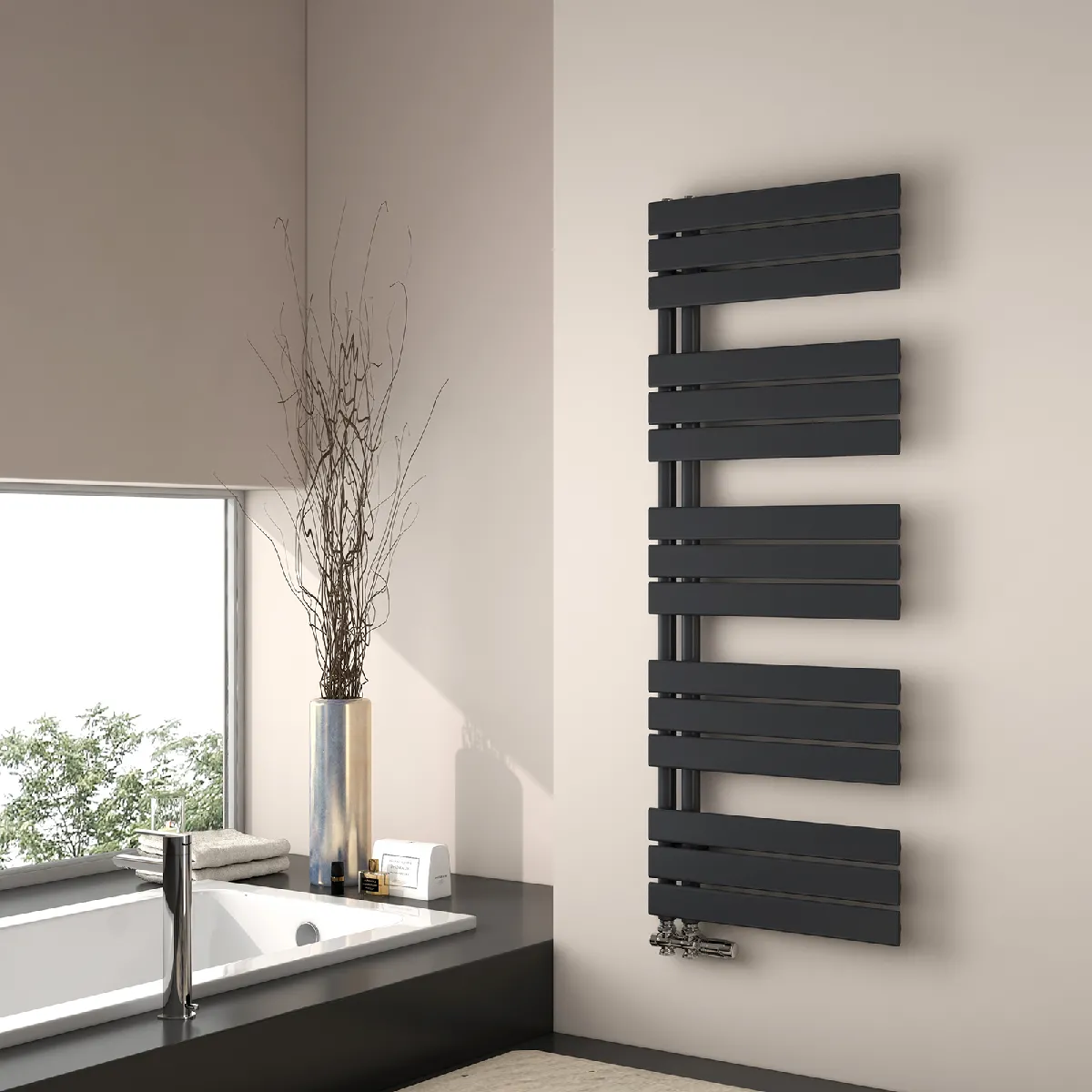 EMKE Radiateur Panneau, Sèche-serviette eau Chaude, Porte-Serviettes Pour Le Chauffage de la Salle de Bain, Chauffe Serviettes à Température Constante, 130x50cm, 661W, Noir