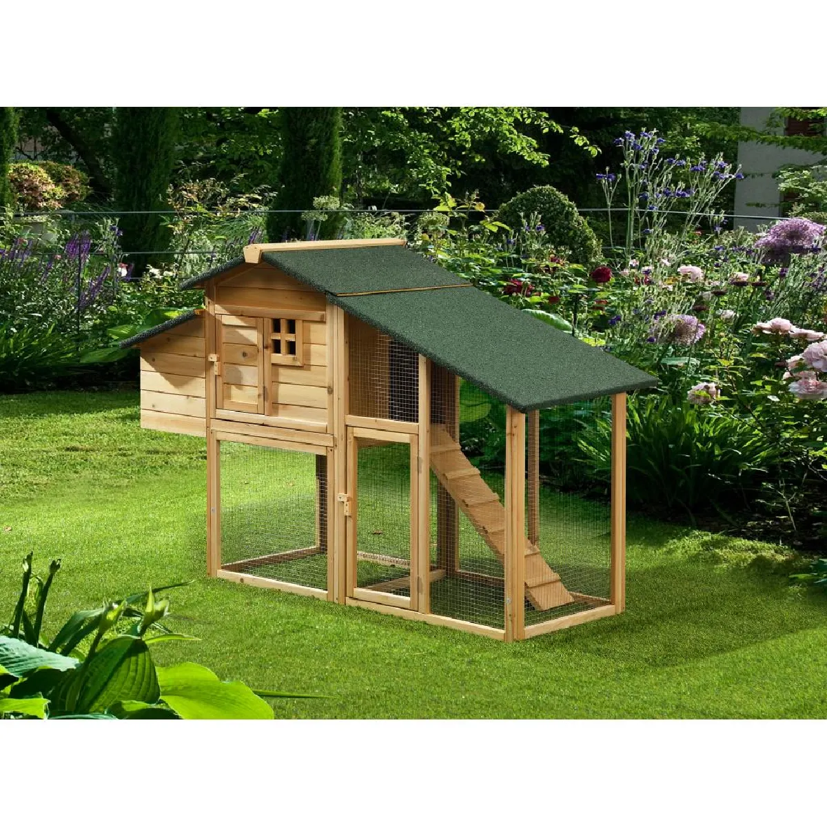 Poulailler en bois avec enclos - 4 poules - L. 173 x P. 64 x H. 108 cm - Naturel - LEVAS