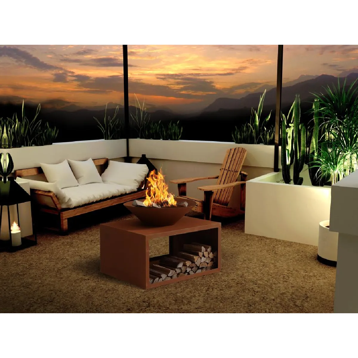 Brasero en acier Corten avec range bûches - L90 x H67,5 x P75 cm - BEZIO