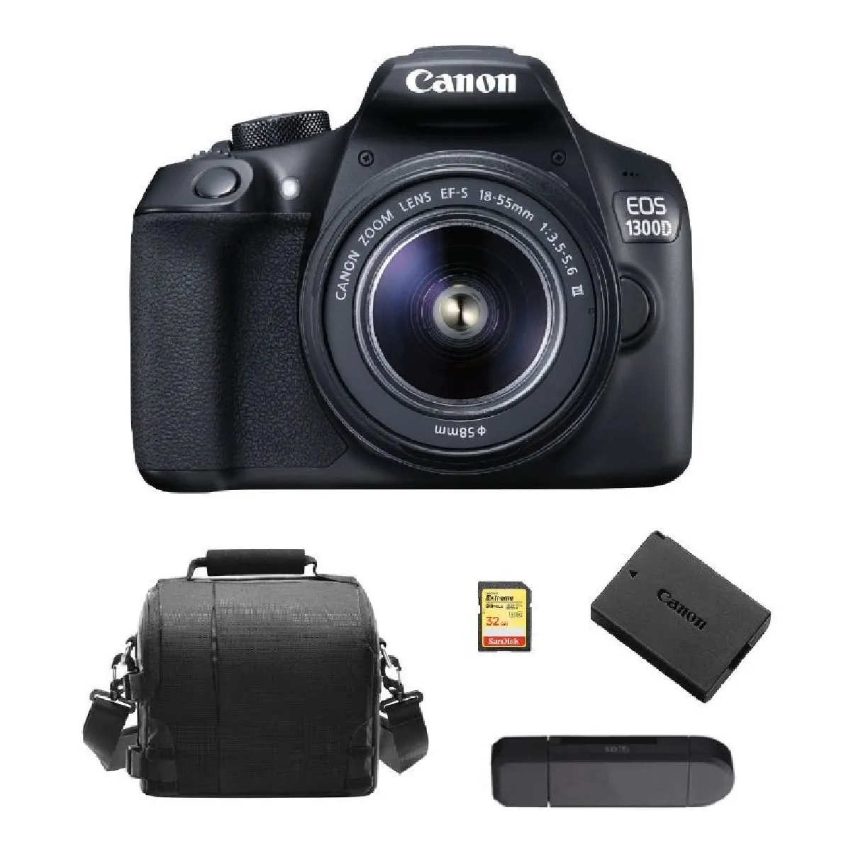 CANON EOS 1300D KIT EF-S 18-55mm F3.5-5.6 III + 32GB SD card + camera Bag + LP-E10 Battery + Memory Card Reader