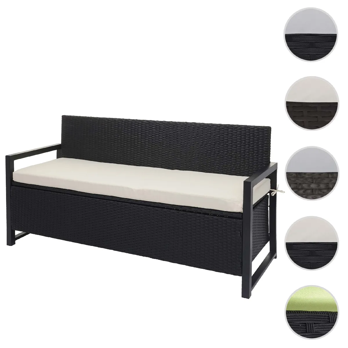 Banc 3 places en poly rotin HWC-F39, banc de jardin banc coffre ~ anthracite, coussin crème