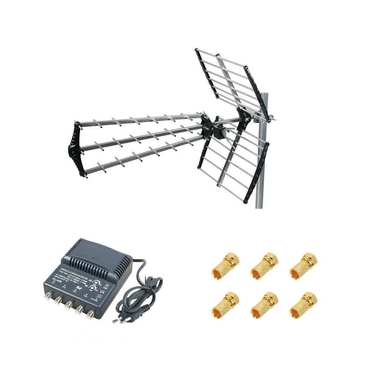 Kit Antenne TNT Trinappe Gain 18dB + Amplificateur TNT 4 Sorties + 6 Fiches F