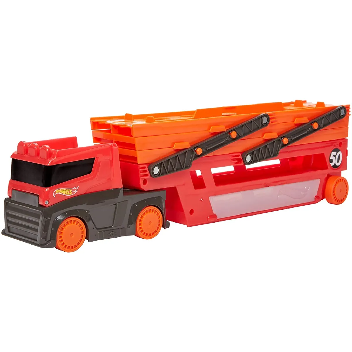 Hot Wheels Méga Transporteur, camion pour transporter jusqu'à 50 petites voitures, emballage fermé, jouet pour enfant, GWT37