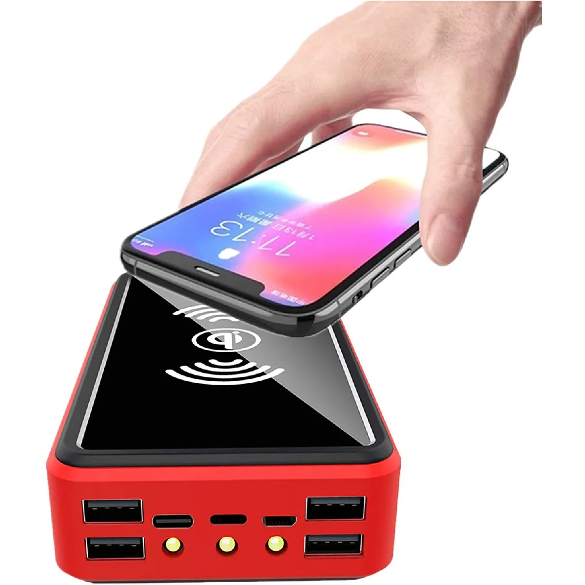 Chargeur Solaire 50000Mah Batterie Externe Solaire sans Fil Batterie De Secours Externe Banque d'alimentation Solaire Portable Power Bank avec 5 Sortie Et 4 Entrées Et Lampe De Poche LED,(rouge)