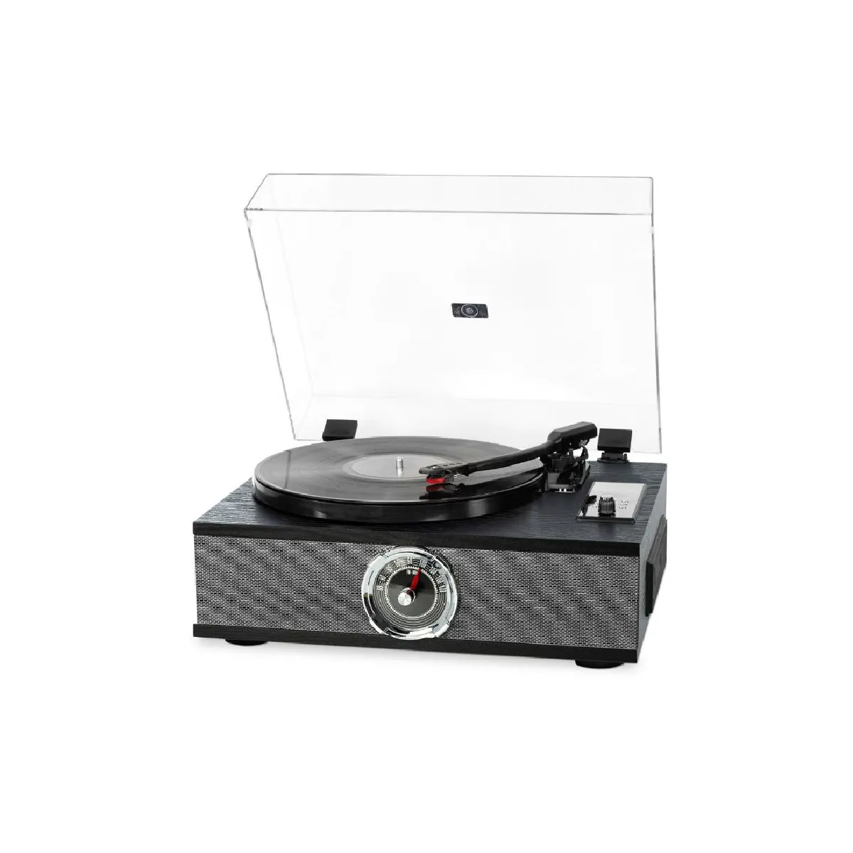 Platine vinyle Halterrego ALL-in-one avec 2 HP intégrés / couvercle, RMS 2* 8W, 3 vitesses, lecteur CD, BT IN, Radio FM, Aux IN, RCA out, couleur Noir