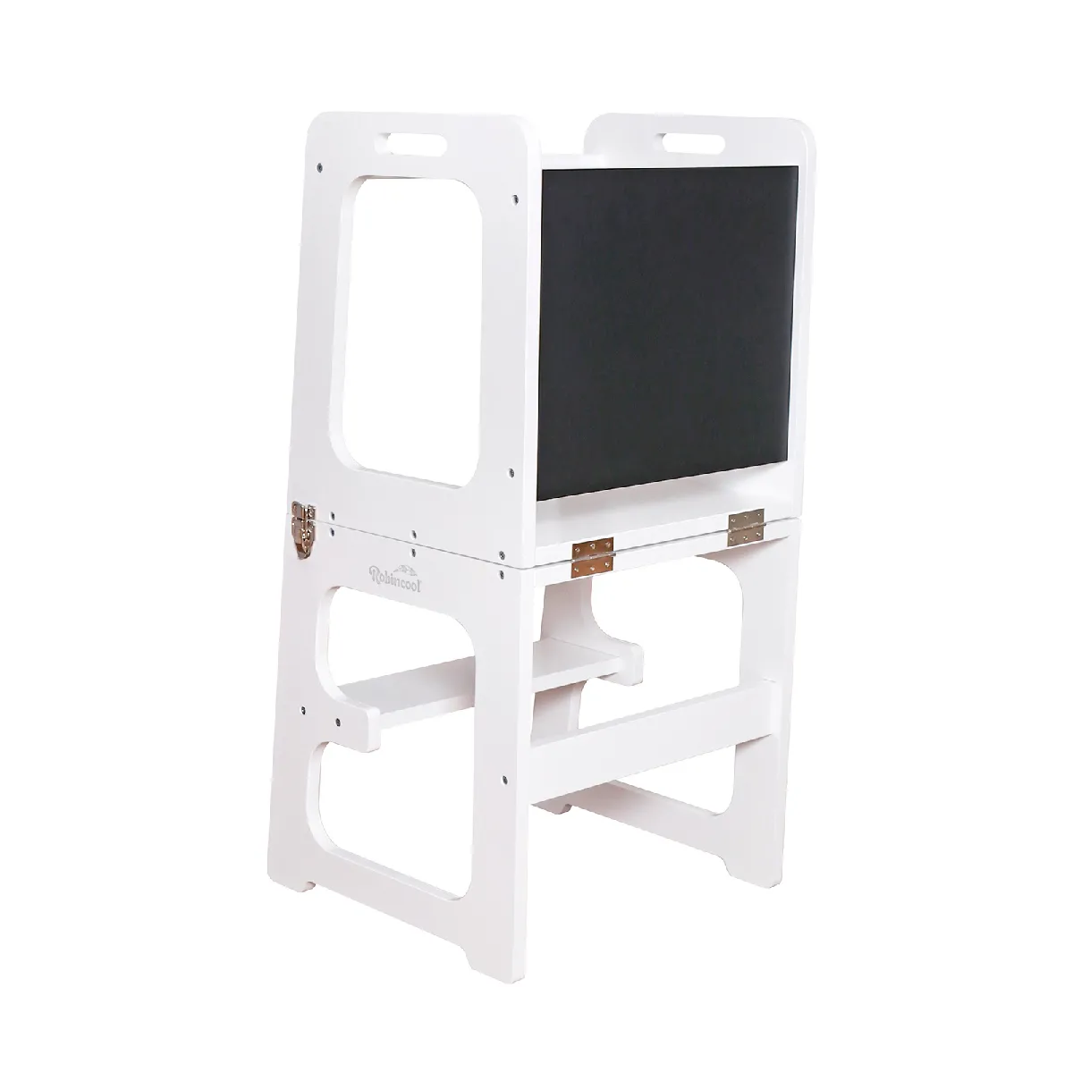 Tour d'Apprentissage Montessori Robincool Evolutive II Blanche 43x40x86cm Barre de Sécurité, Tableau, Convertible en Bureau