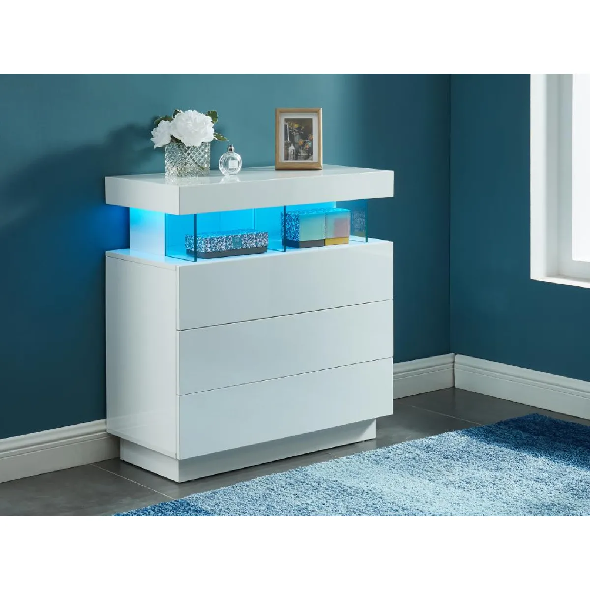 Commode 3 tiroirs - Avec LEDs - MDF - Blanc laqué - FABIO II